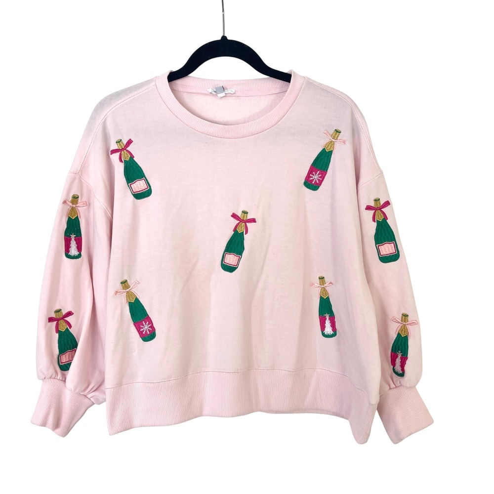 Mary‎ Square Millie Pink Champagne Bottle Embroidered Sweatshirt Women's Small